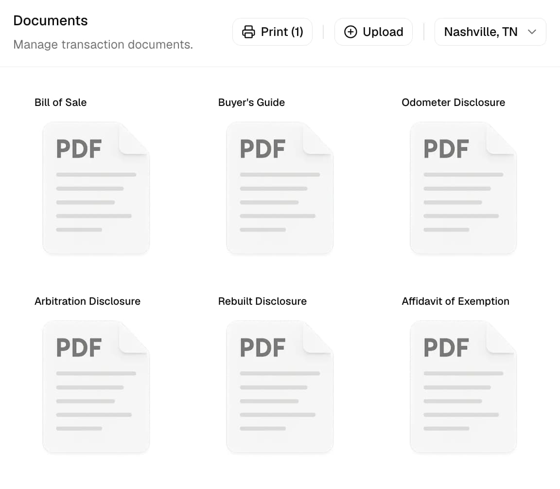 DealerSpot transaction documents including bill of sale, buyer's guide, and odometer disclosure