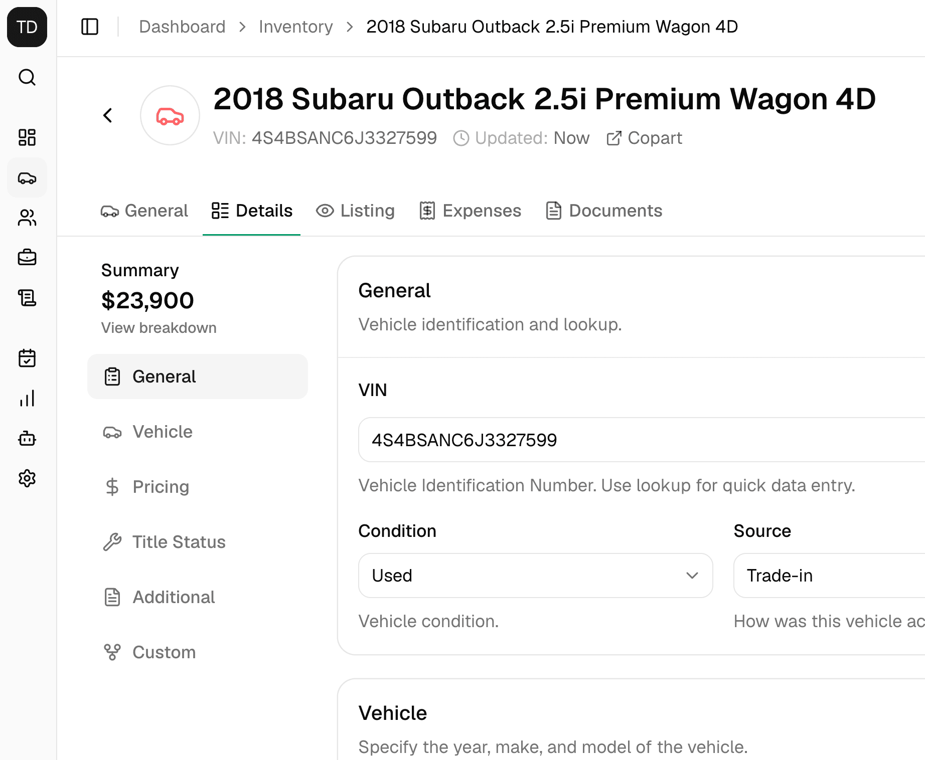DealerSpot vehicle record with VIN, condition, price, and title status