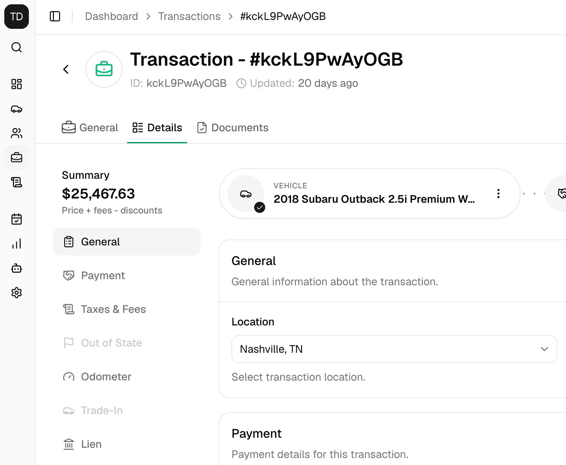 DealerSpot transaction details with payment, taxes, and trade-in breakdown
