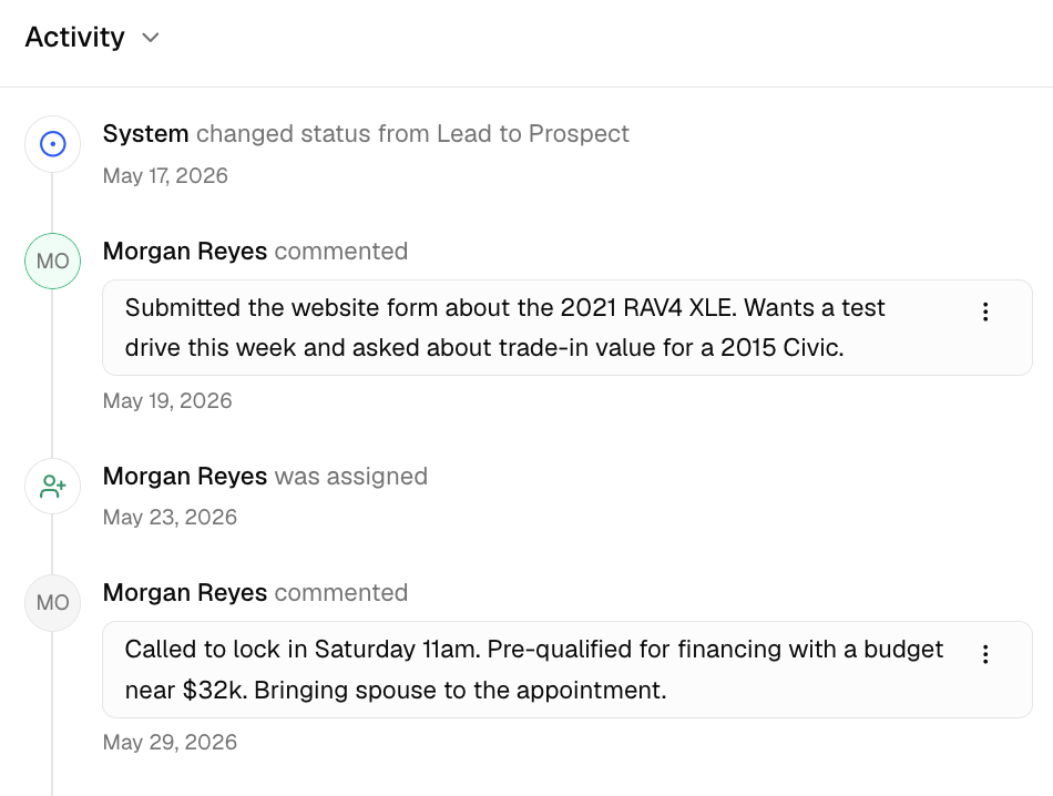 DealerSpot contact activity timeline tracking a lead through the sales process