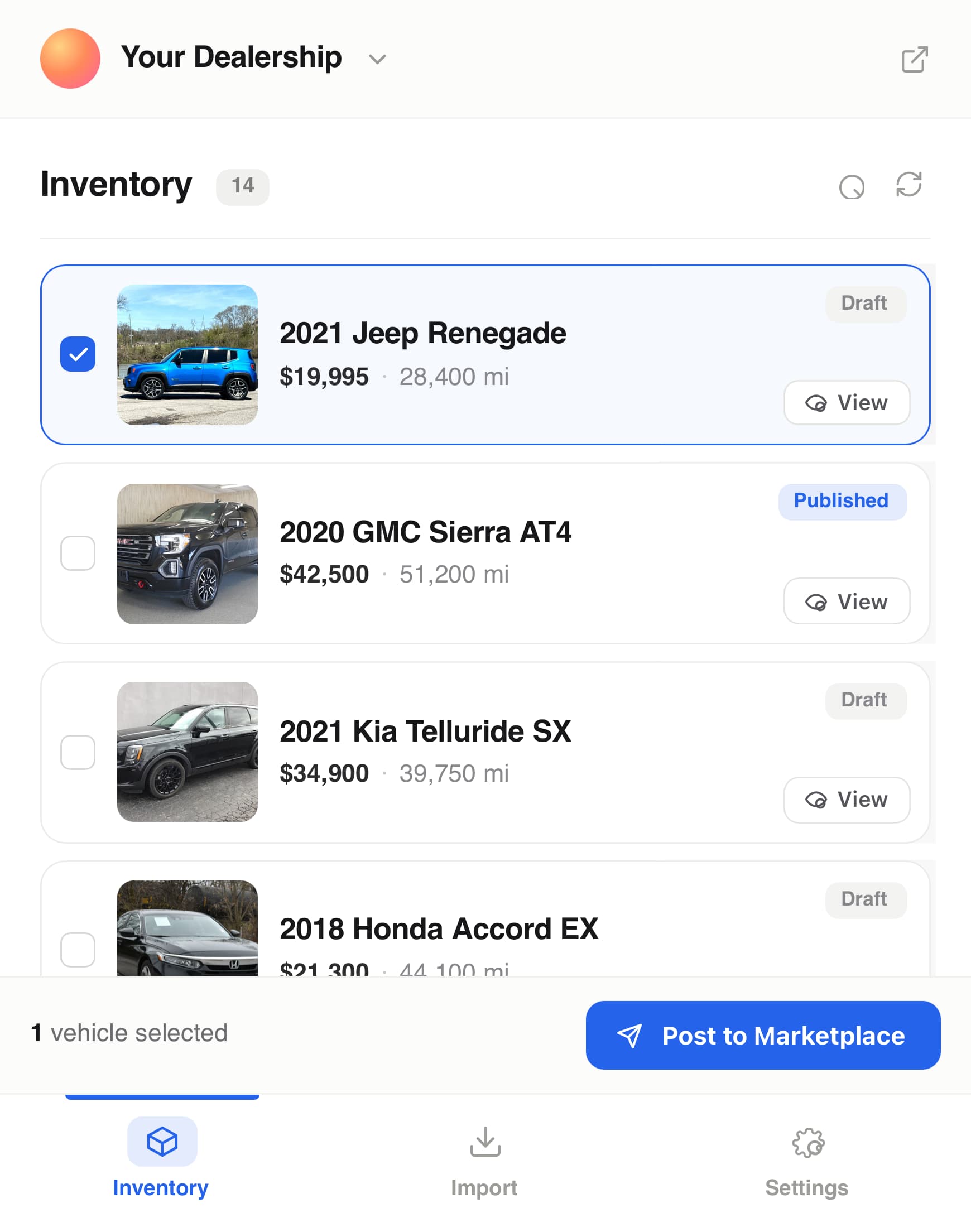 DealerSpot Chrome Extension panel with a vehicle selected to post to Facebook Marketplace