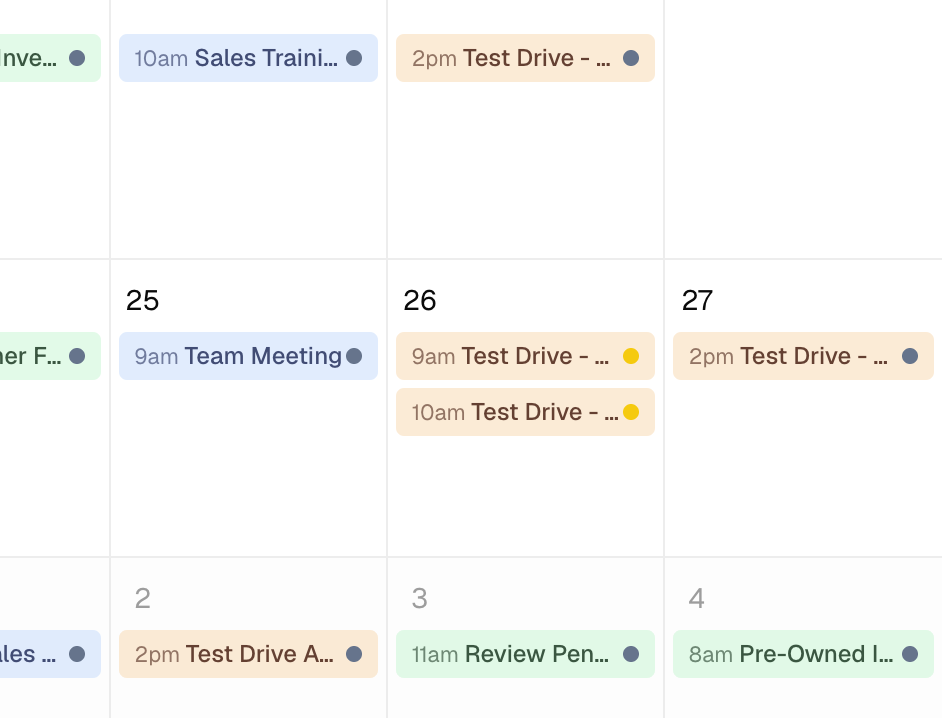 DealerSpot calendar with test drives, appointments, and team events