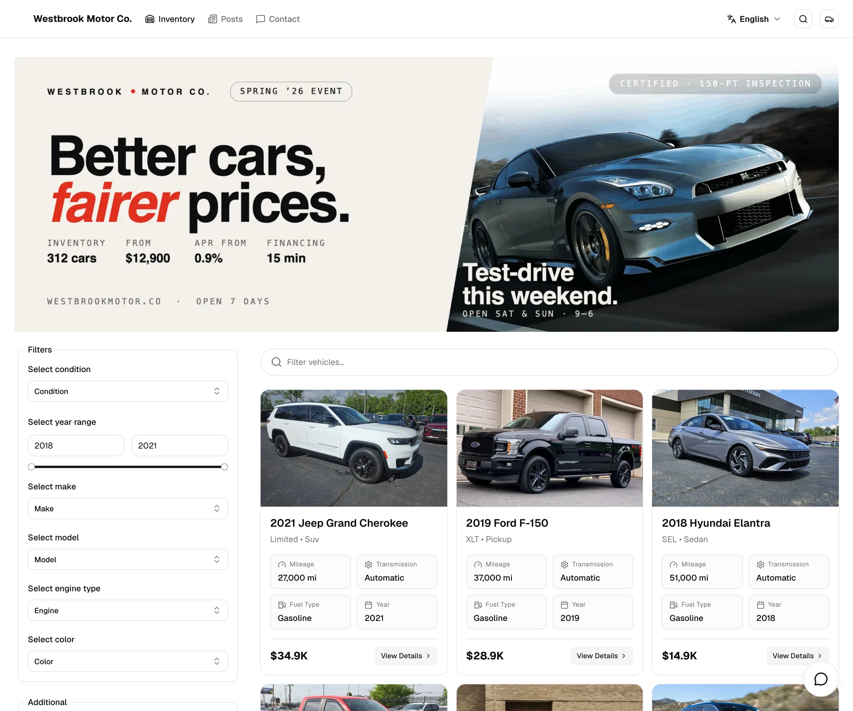 DealerSpot storefront homepage with a branded hero and searchable vehicle inventory
